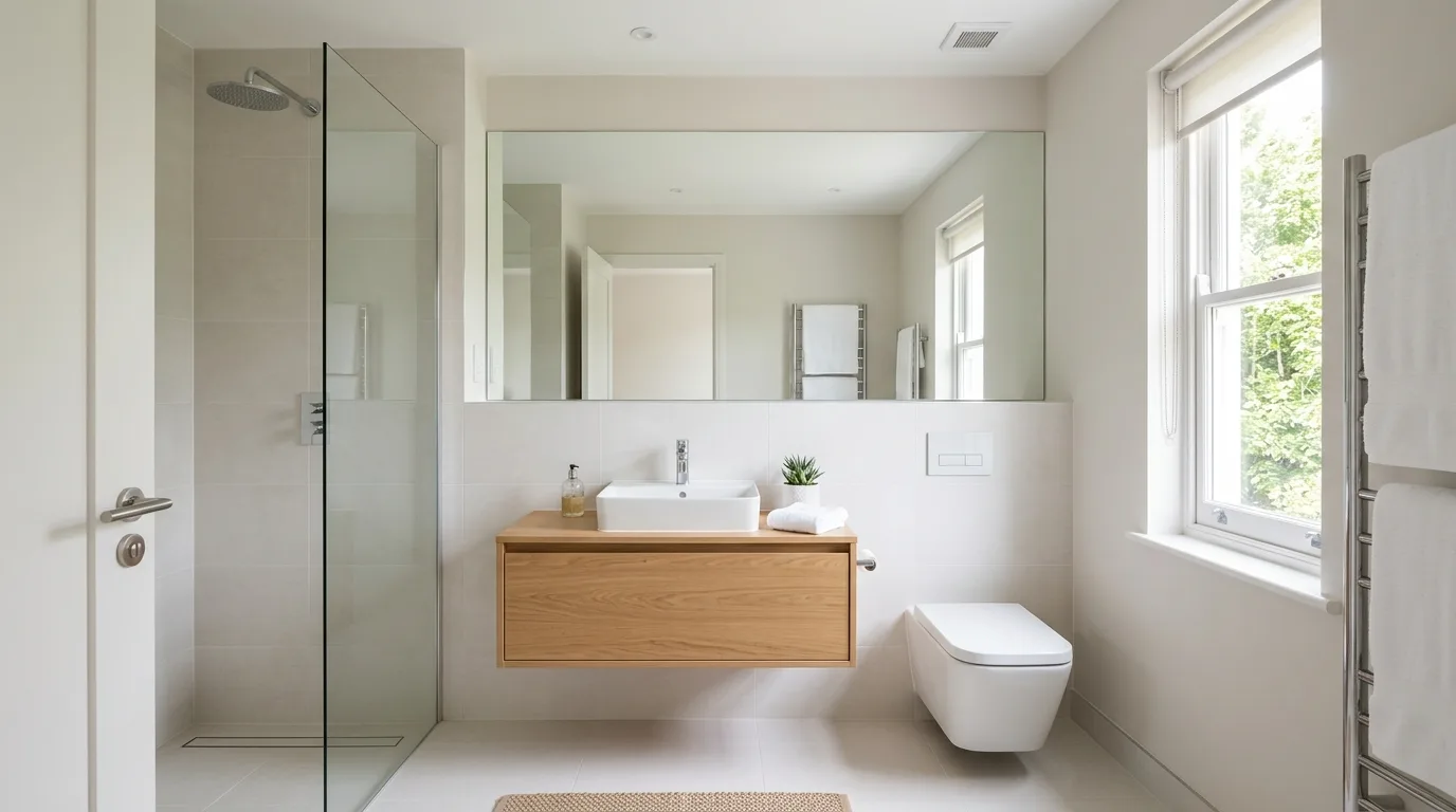 Small bathroom with smart storage, compact fixtures, and bright finishes.